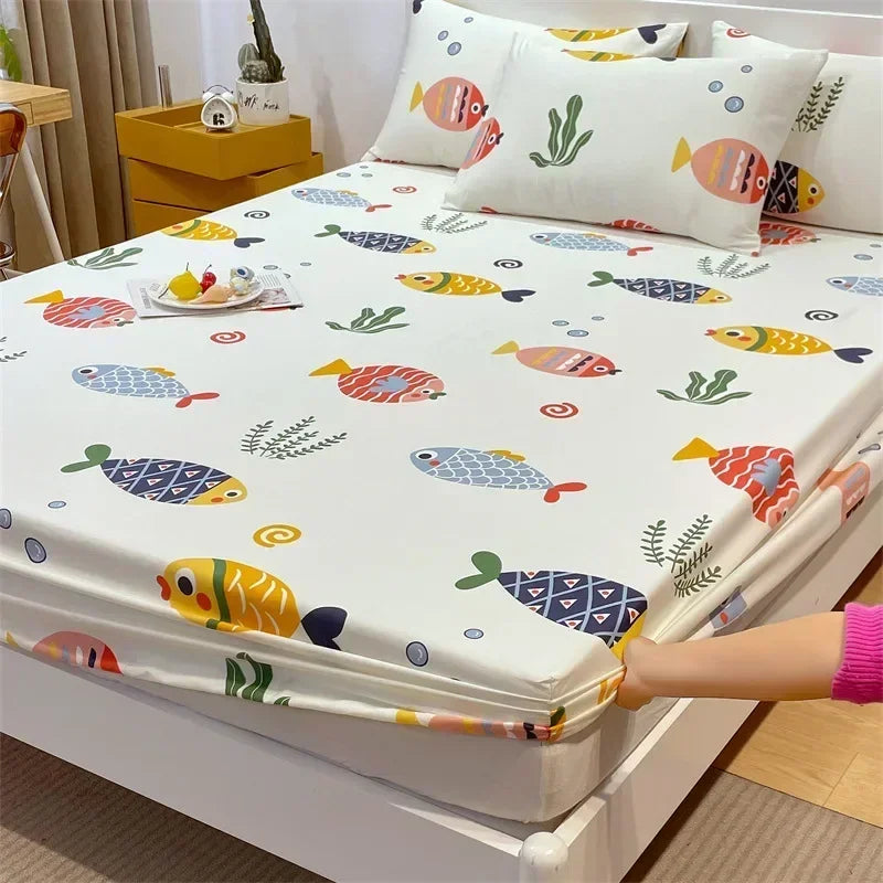 Decobites Queen Size Cotton Fitted Sheet Set with Cute Print, Soft and Skin-friendly Bed Cover