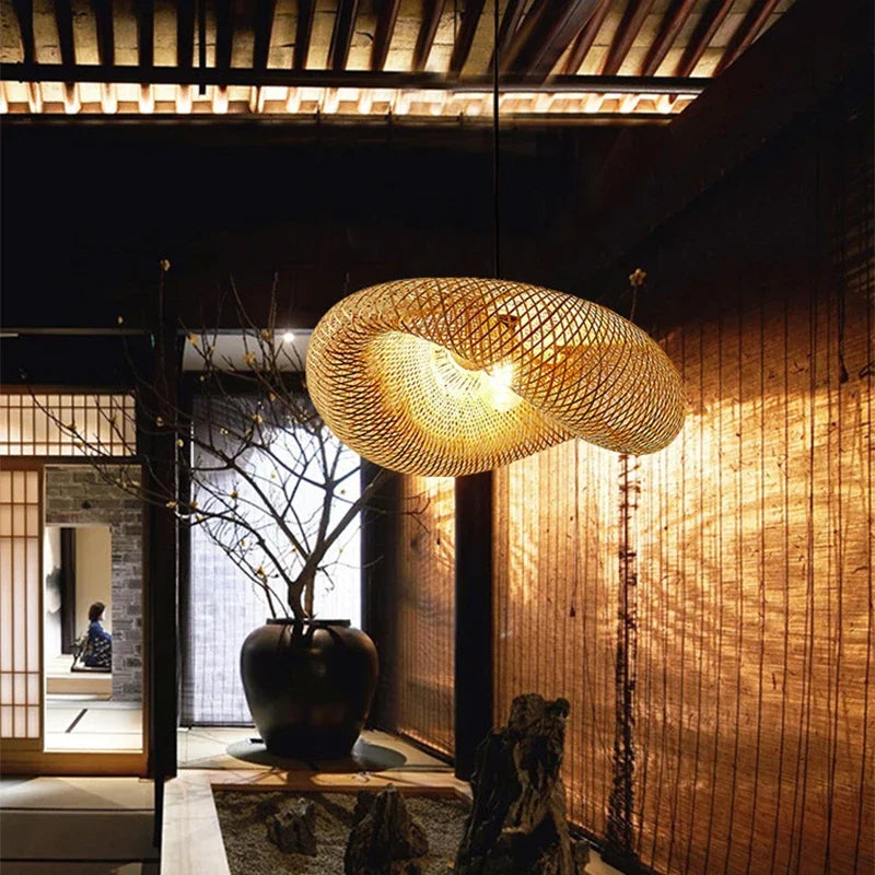 Hand-Knitted Japanese Style Bamboo Weave Pendant Light