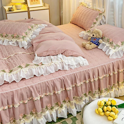 Decobites Korean Princess Bedding Set: Flowers, Lace, Ruffles, Embroidery, Quilted, Duvet Cover, Bedspread