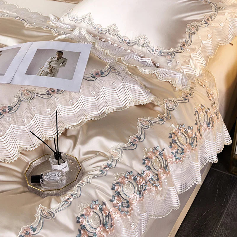 Conjunto de Ropa de Cama de Boda Francesa de Lujo de Encaje de Seda y Algodón Decorbites™ para Dormitorios de Princesa Chic