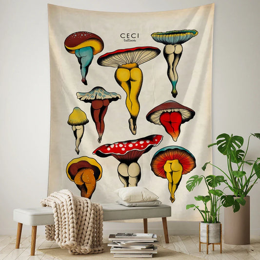 Decobites Cactus & Mushroom Girl Tapestry - Hippie Boho Psychedelic Wall Art Decor