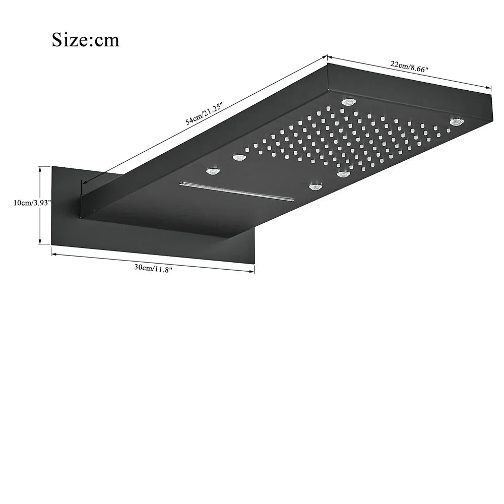 Grifo de baño cuadrado de pared DecorBites™ con cabezal de ducha tipo cascada LED de 54 x 22 cm
