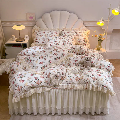 Decobites Princess Lace Ruffles Floral Bedding Set with Duvet Cover and Bed Skirt