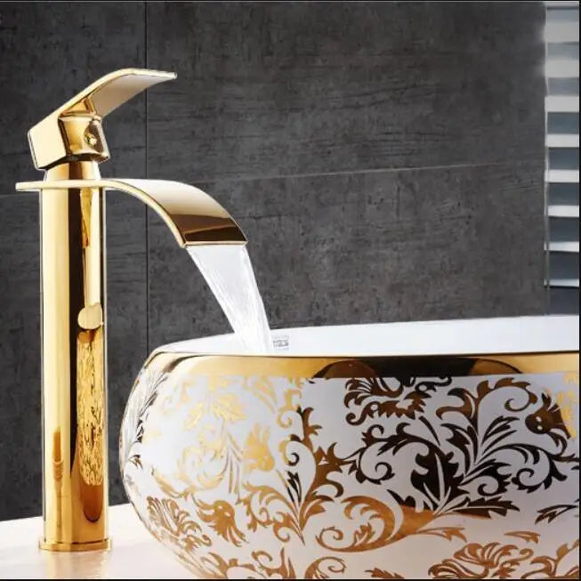 DecorBites™ Gold and White Waterfall Bathroom Basin Faucet Mixer Tap Hot Cold Sink