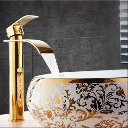 DecorBites™ Gold and White Waterfall Bathroom Basin Faucet Mixer Tap Hot Cold Sink