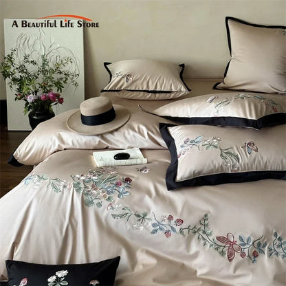 Decobites 1000TC Cotton Butterfly Flowers Embroidery Bedding Set with Duvet Cover, Sheet, Pillowcases