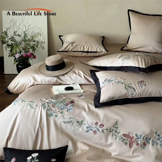 DecorBites™ 1000TC Cotton Butterfly Flowers Embroidery Bedding Set with Duvet Cover, Sheet, Pillowcases