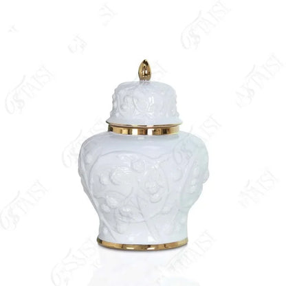 DecorBites™ Embossed Flower Ceramic Ginger Jar Vase - Home Decor Storage Tank