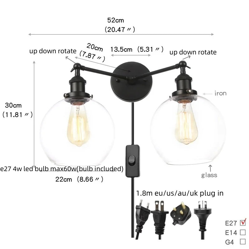 DecorBites™ Black LED Wall Sconce 2-Head Lamp for Bedroom Bathroom Mirror