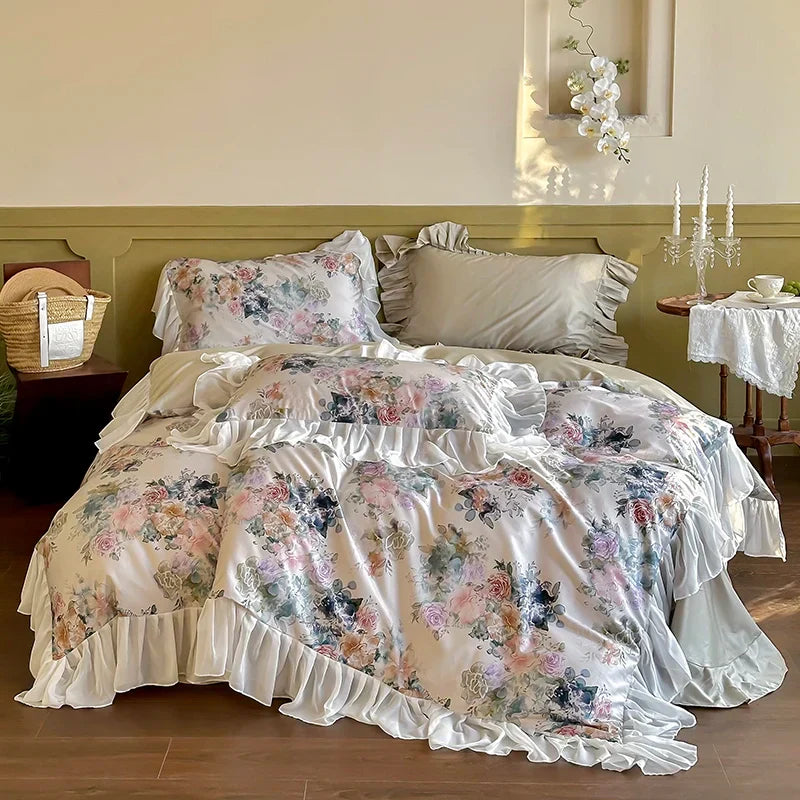 Decobites French Flowers Lace Ruffles Princess Bedding Set with 1000TC Egyptian Cotton