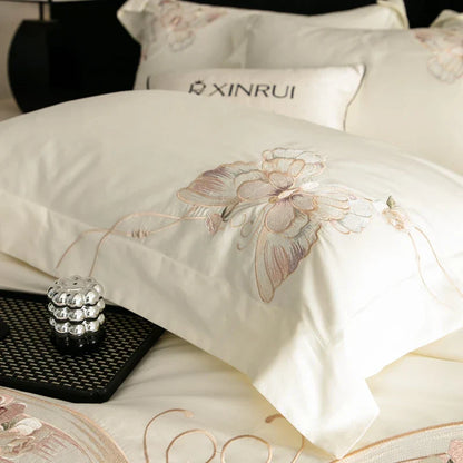 Decobites Luxe Butterfly Flowers Embroidery Bedding Set 800TC Egyptian Cotton Duvet Covers Sheets Pillowcases