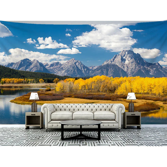 Mountain Lake Scenery Tapestry by Decobites - Golden Forest Wall Hanging for Home Decor