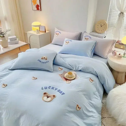 Decobites Cute Bear & Sheep Embroidery Bedding Set for Single/Double Bed