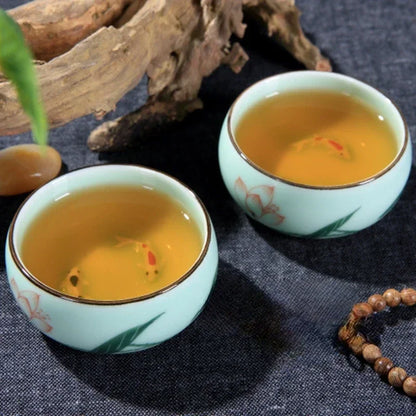 Traditional Celadon Hand-painted Landscape Teacup Ceramic Lotus Bamboo Carp Tea Set Double-fish Chinese Tea Master Cup 80ml