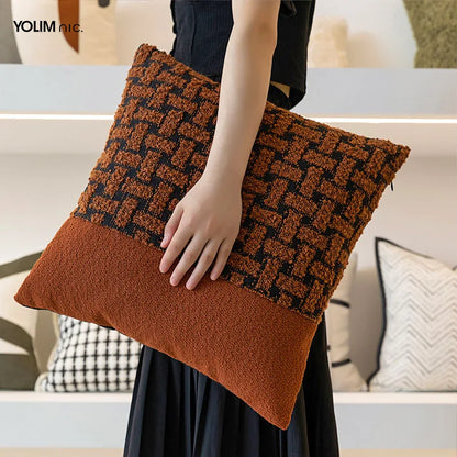 DecorBites™ Caramel Color Velvet Sofa Pillowcase with Geometric Panelled Cushion Cover