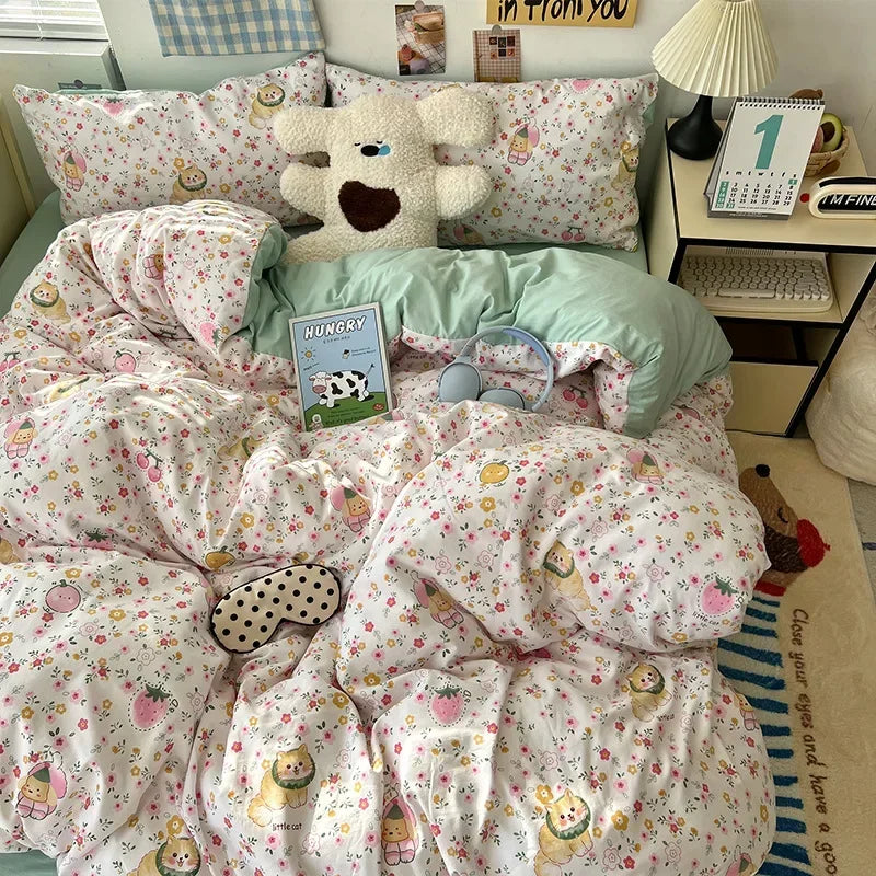 DecorBites™ Cute Cartoon Washed Cotton 4-Piece Bedding Set for Spring Soft Skin-Friendly Sheets