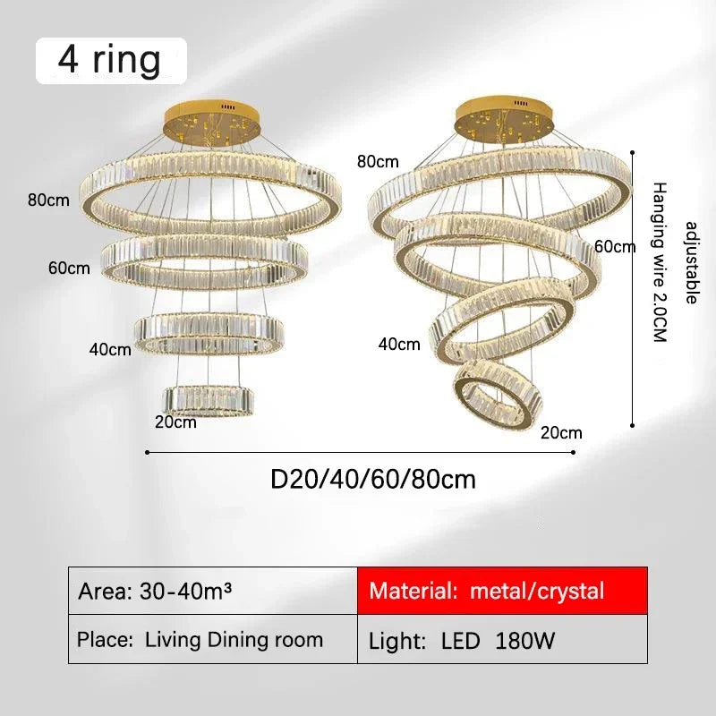 DecorBites™ Golden Crystal Chandelier: Nordic Modern Luxury LED Hanging Halo for Living Room