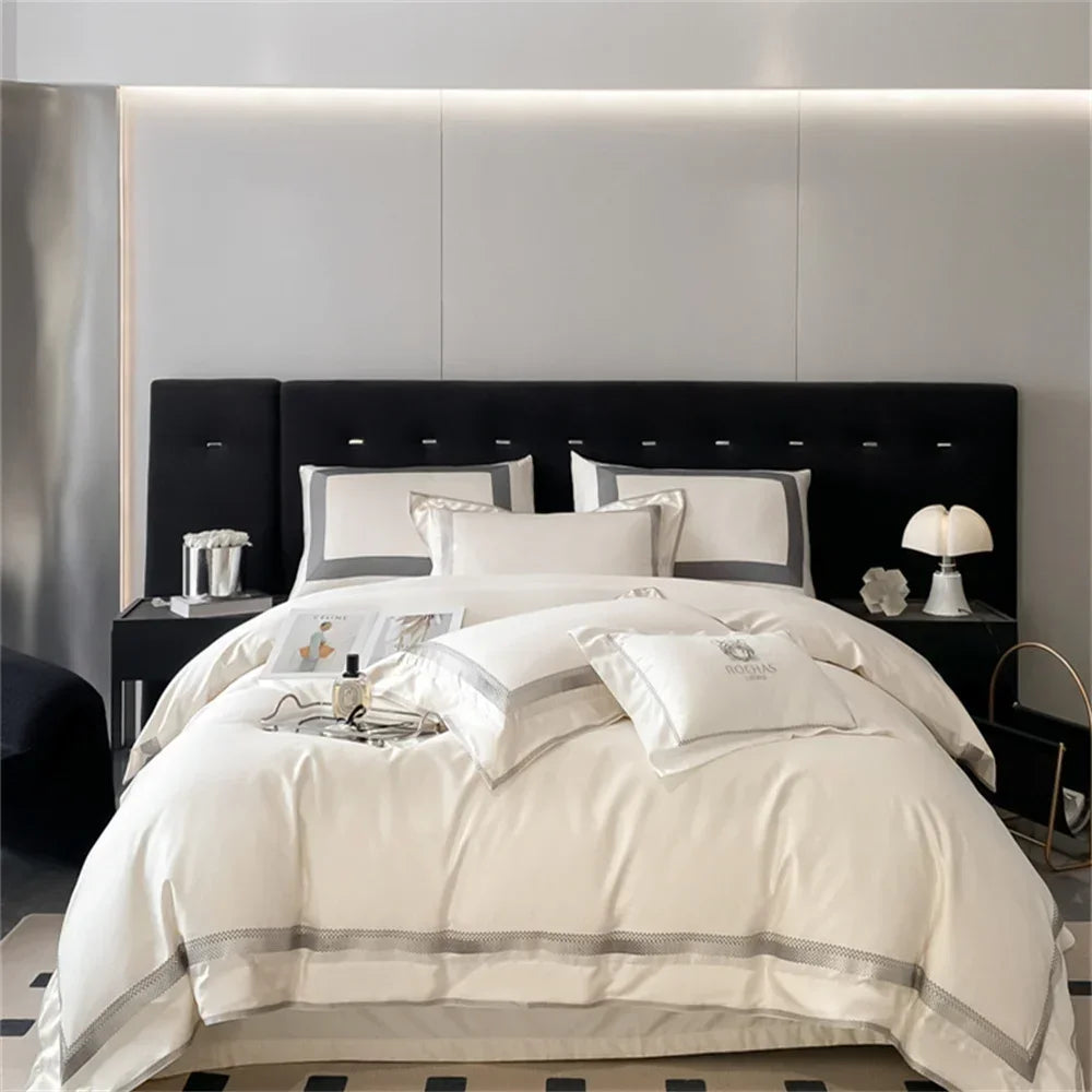 DecorBites™ 1000TC Egyptian Cotton Embroidered Bedding Set, Queen King Size Duvet Cover Set