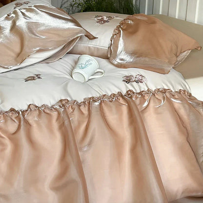 Decobites Organza Lace Ruffles Flowers Embroidery 1000TC Egyptian Cotton Bedding Set