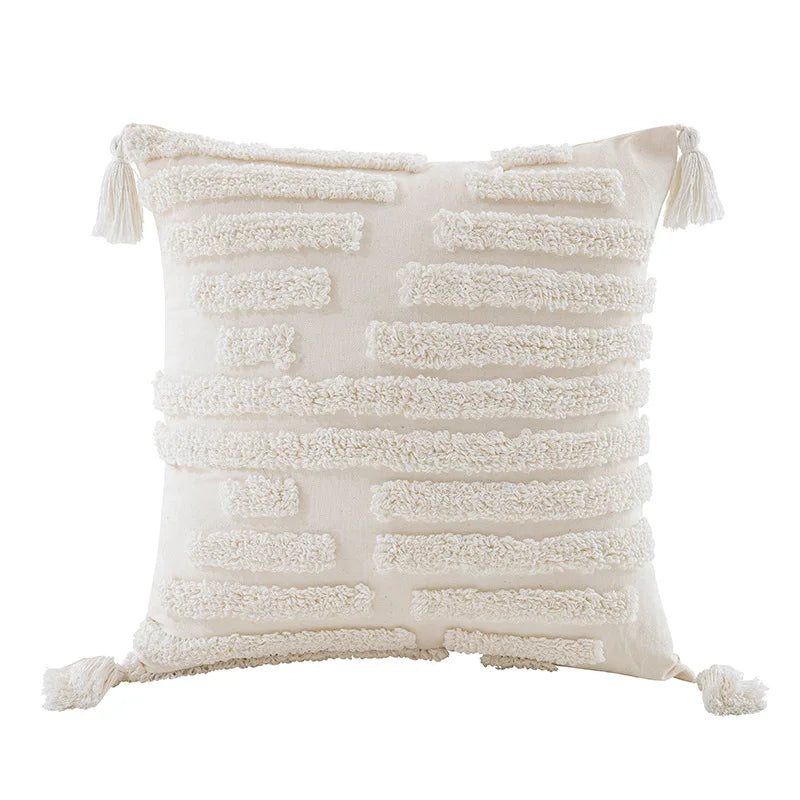 DecorBites™ Boho Beige White Tufted Tassel Pillow Cover Set