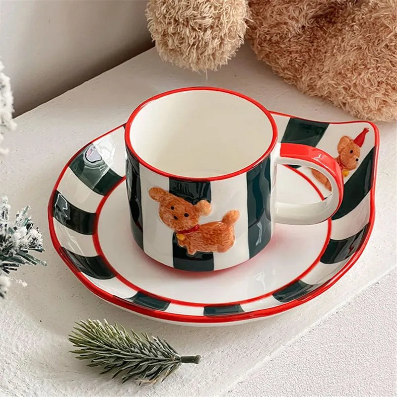DecorBites™ Kawaii Animal Ceramic Drinkware Set: Coffee Cup, Dessert Plate, Cute Dog Mug