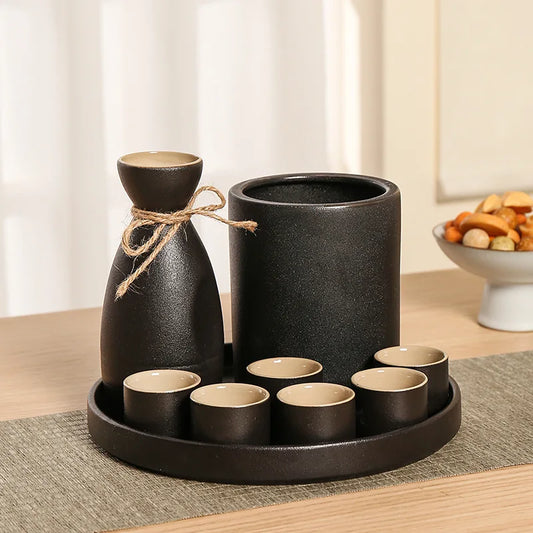 DecorBites™ Black Ceramic Wine Warmer & Sake Pot for Home, Handcrafted Japanese Design