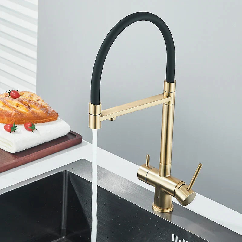 DecorBites™ Brushed Gold 360 Rotate Pull Out Kitchen Filter Faucet with Dual Handle