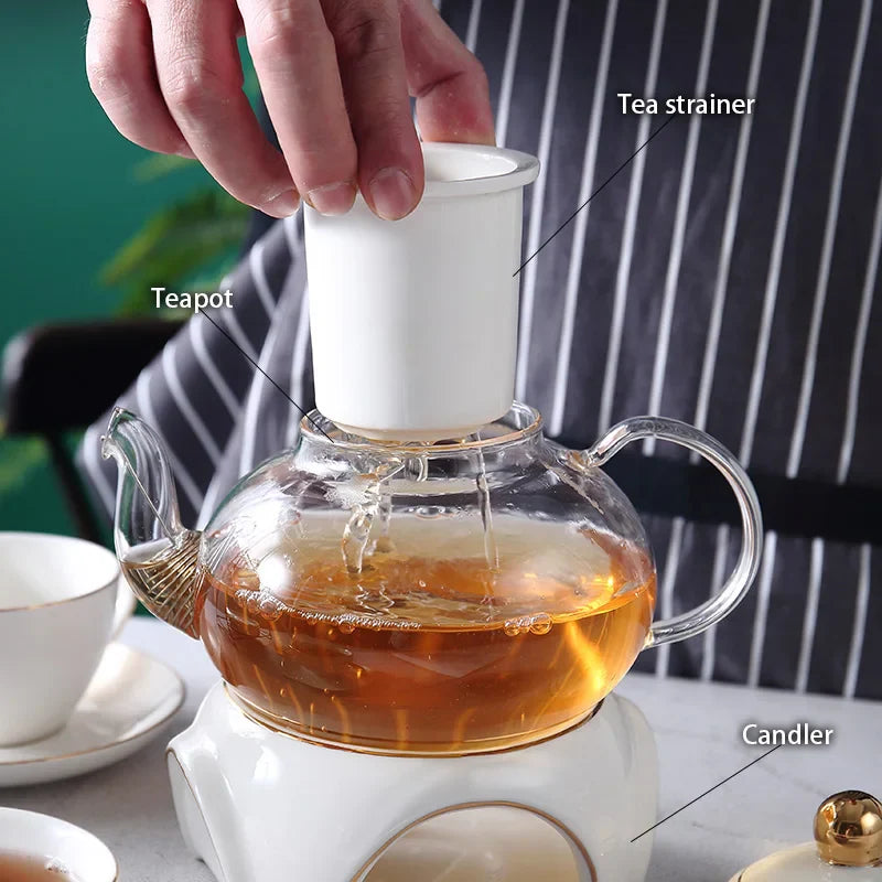 DecorBites™ Gold White Ceramic Tea Set with Glass Teapot - Elegant Teaware Collection