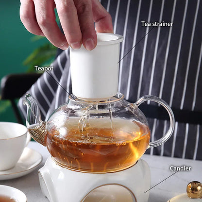 DecorBites™ Gold White Ceramic Tea Set with Glass Teapot - Elegant Teaware Collection