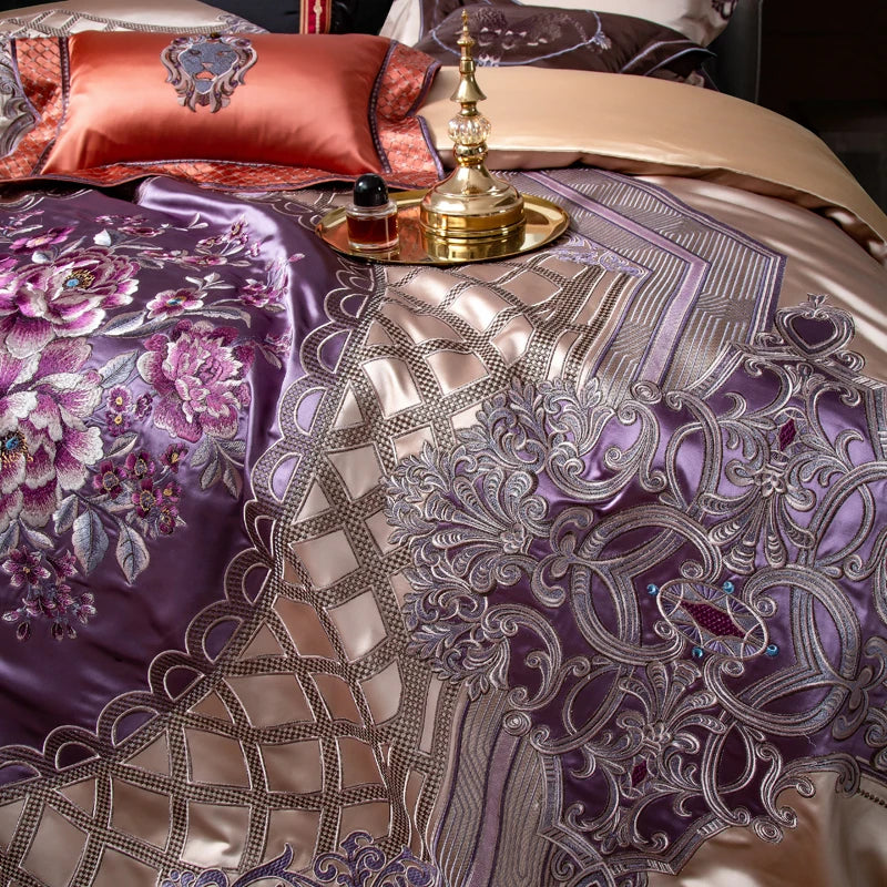 Decobites Palace Style Purple Flowers Bedding Set Embroidered Brocade Duvet Cover Sheets Pillows