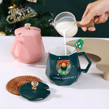 DecorBites™ Christmas Ceramic Mug Set with Lid, Spoon - Festive Santa Claus & Elk Design