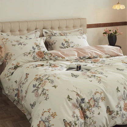 Decobites Butterfly Blooming Flowers Print 100% Egyptian Cotton Bedding Set