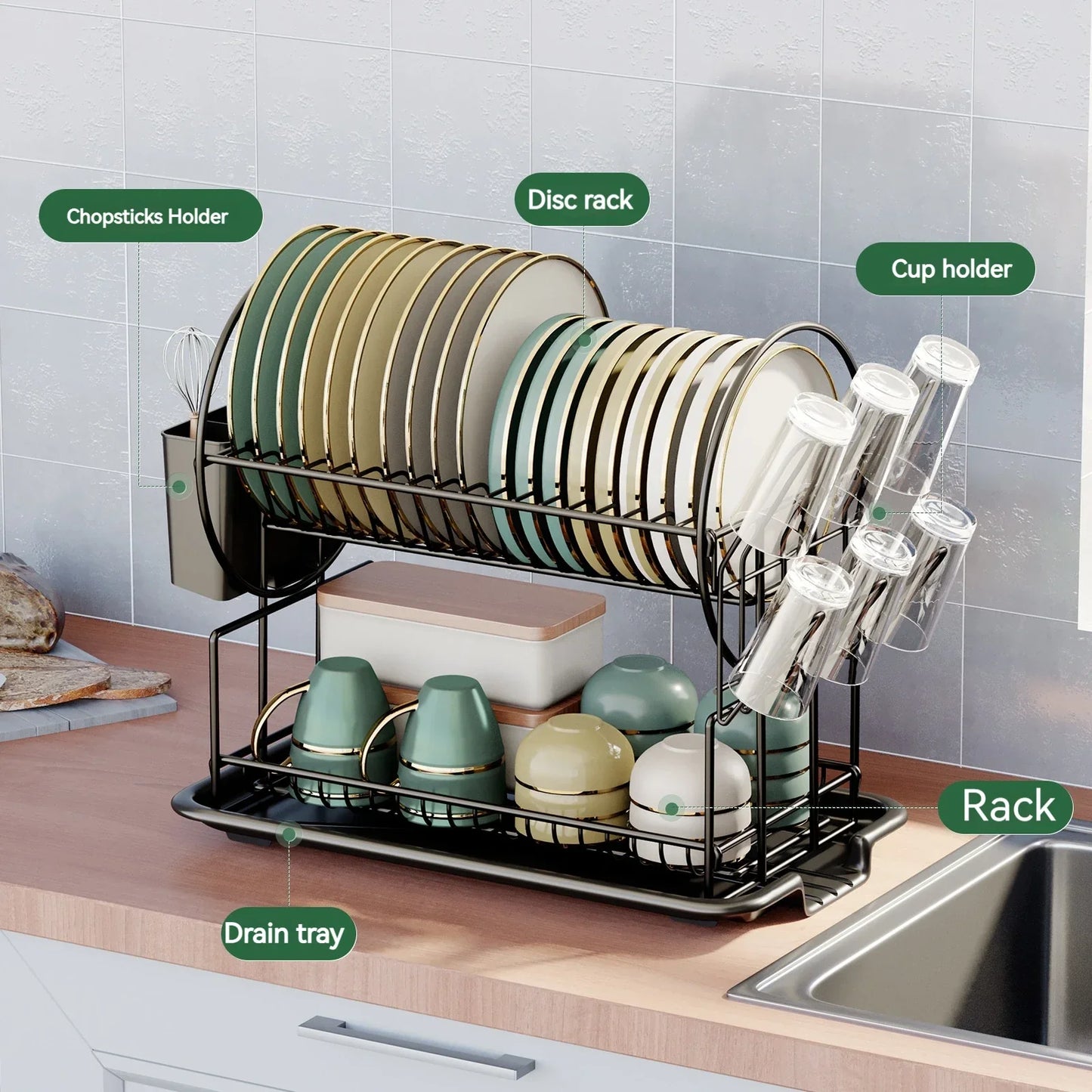 DecorBites™ Kitchen Organizer Rack with Drainboard for Dishes, Utensils, and Cups