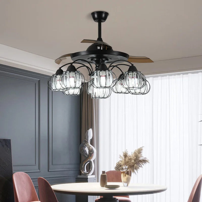 DecorBites™ Black Crystal LED Ceiling Fan Chandelier, 6/9 Heads, Remote Control, Reverse Motor