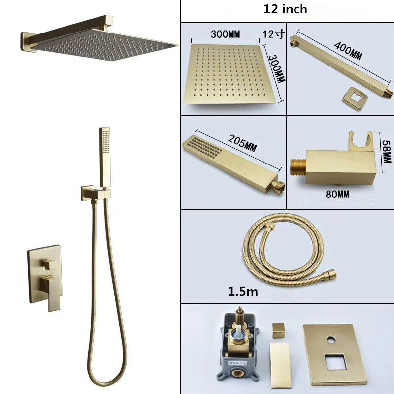 DecorBites™ Brushed Gold In-Wall Shower Set with Rainfall Shower Head 8-12"