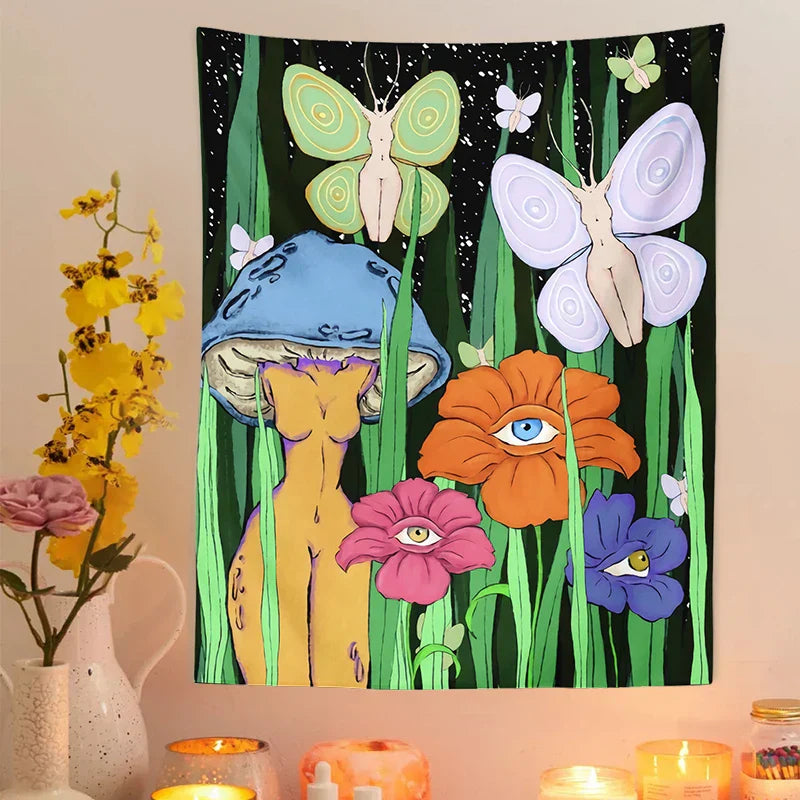 Decobites Psychedelic Mushroom Girl Botanical Floral Tapestry Wall Hanging