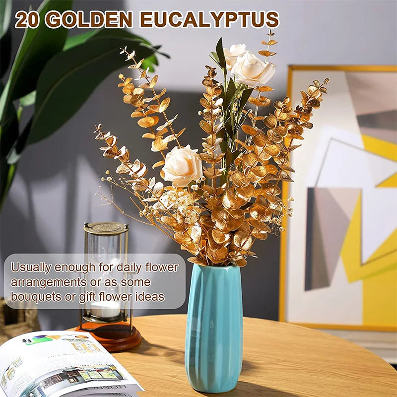 Decorbites™ Tallo de Hojas de Eucalipto Dorado x10 - Decoración Artificial de Boda Otoñal DIY