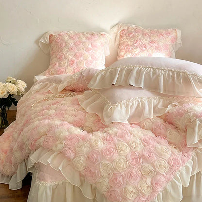 Decobites Luxe Rose Lace Ruffles Princess Bedding Set - 4Pcs