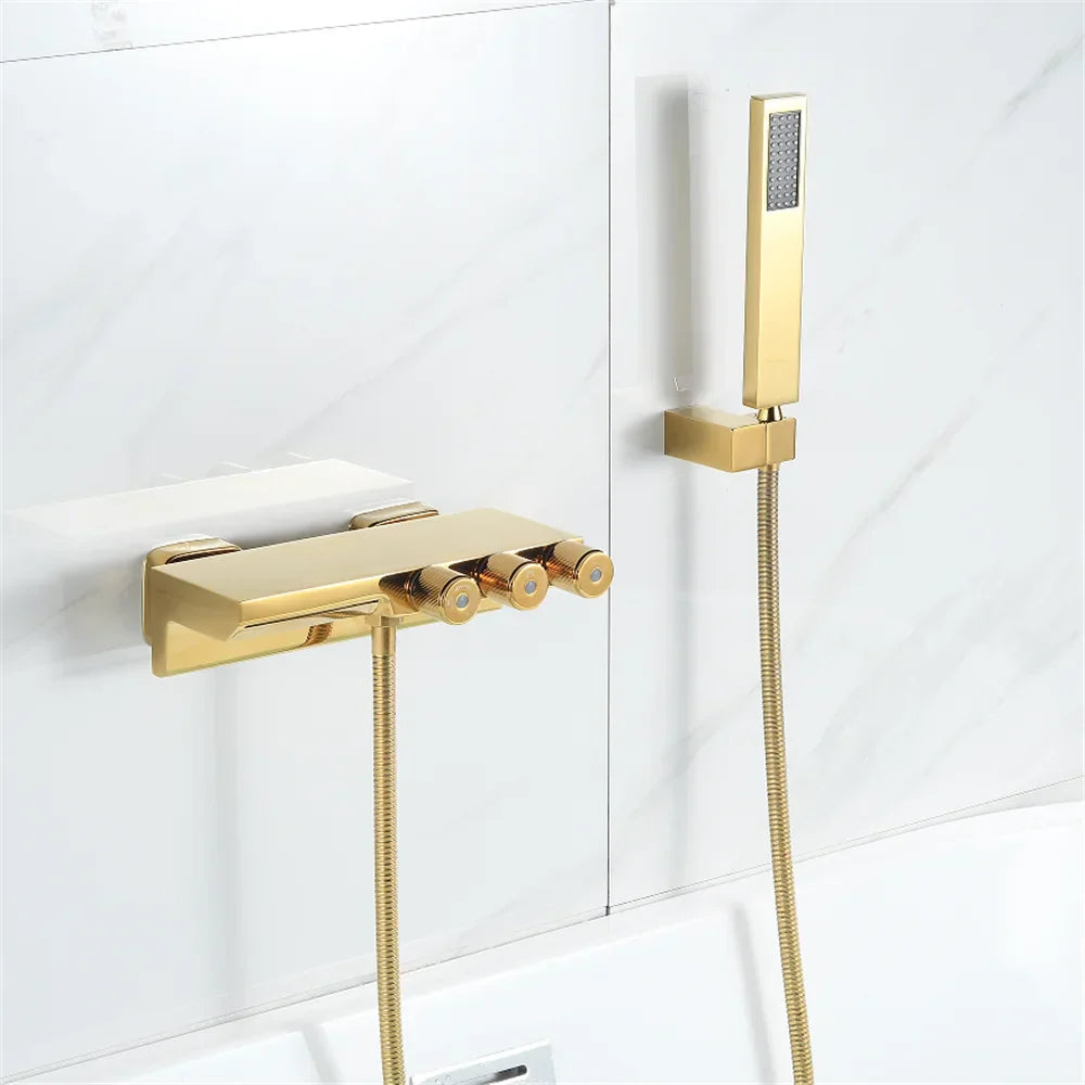 DecorBites™ Gold/Black Tub Shower Set Wall Mount Waterfall Mixer Tap Brass Rotatable