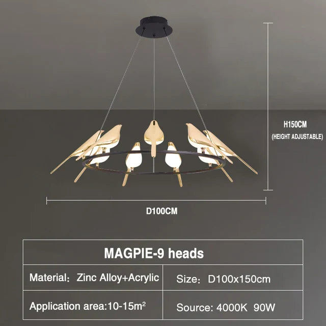 DecorBites™ Gold Magpie Bird Ceiling Chandelier | Modern LED Ring Light for Dining Room & Decor
