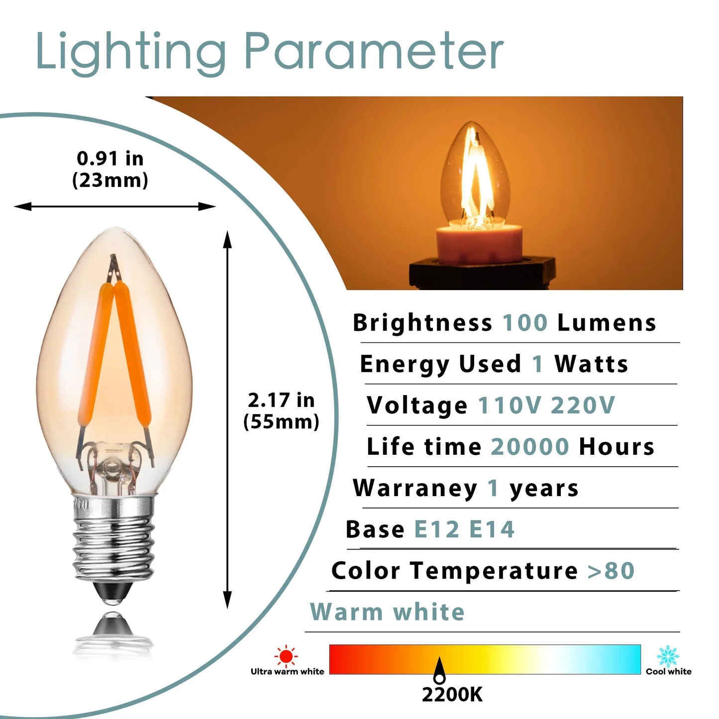 مصباح شمعة إيديسون LED من DecorBites™ بقوة 1 وات، 2200 كلفن، قابل للتعتيم، ذهبي، زجاجي