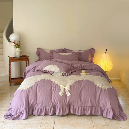 Decobites Lace Embroidery Princess Bedding Set - Duvet Cover, Sheet, Pillowcases - Blue Pink Purple