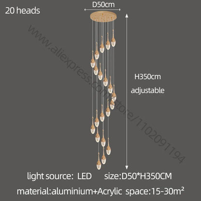 Lámpara de araña LED dorada para escalera DecorBites™ | Lámpara colgante de lujo para sala de estar grande