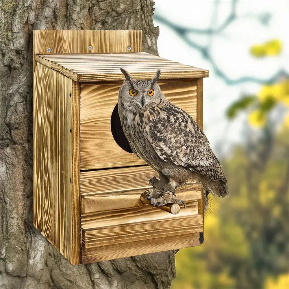 DecorBites™ Handmade Wooden Screech Owl House - Outdoor Nesting Box