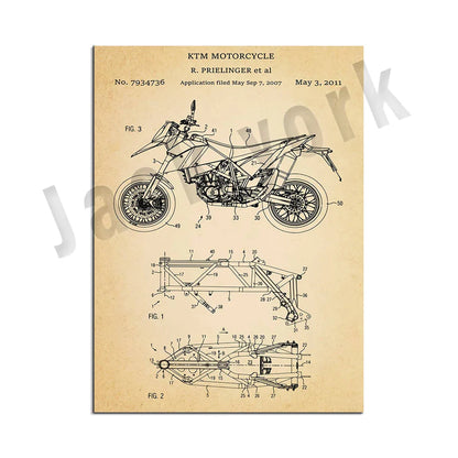 DecorBites™ Dirt Bike Patent Blueprint Poster Canvas Wall Art