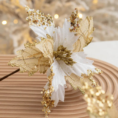 1PC Christmas Gold Silver Imitation Flower Xmas Tree Sequins Artificial Flowers DIY Ornaments for Festival Party New Year Decor