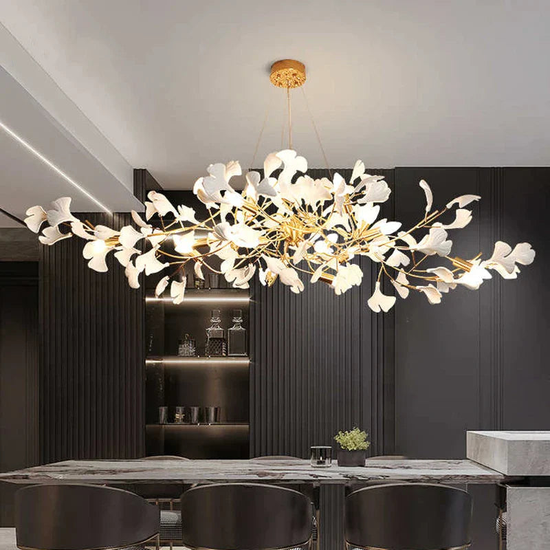 Lámpara de Araña de Ramas Doradas Decorbites™ con Hojas de Porcelana Luces Colgantes