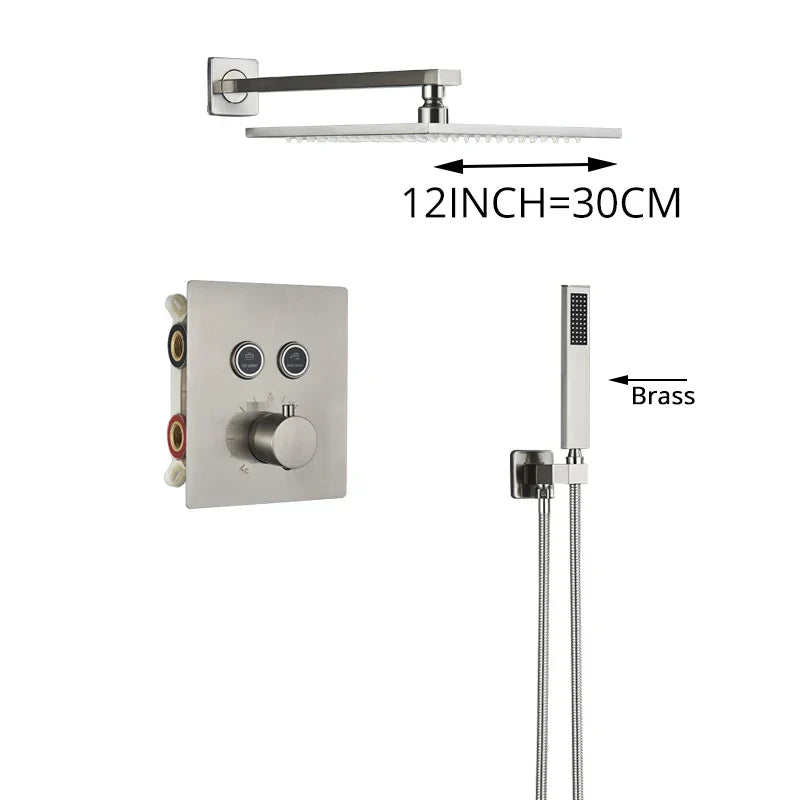 DecorBites™ Brushed Nickel Thermostatic Shower Faucet Set for Wall Mount Bathroom with Rainfall Shower Head