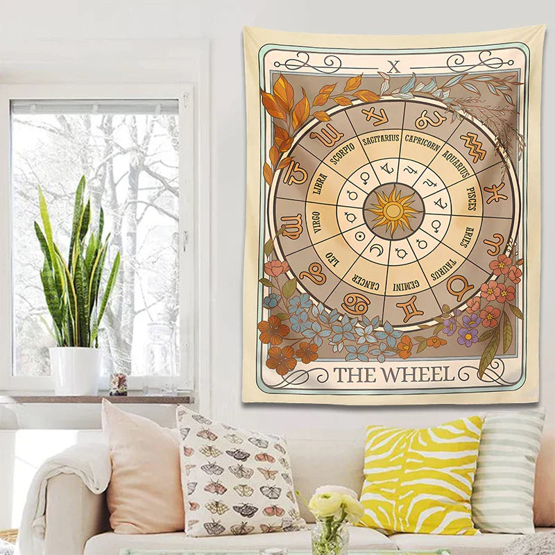 Decobites Wheel of Fortune Tarot Tapestry: Zodiac Astrology Celestial Wall Hanging Art