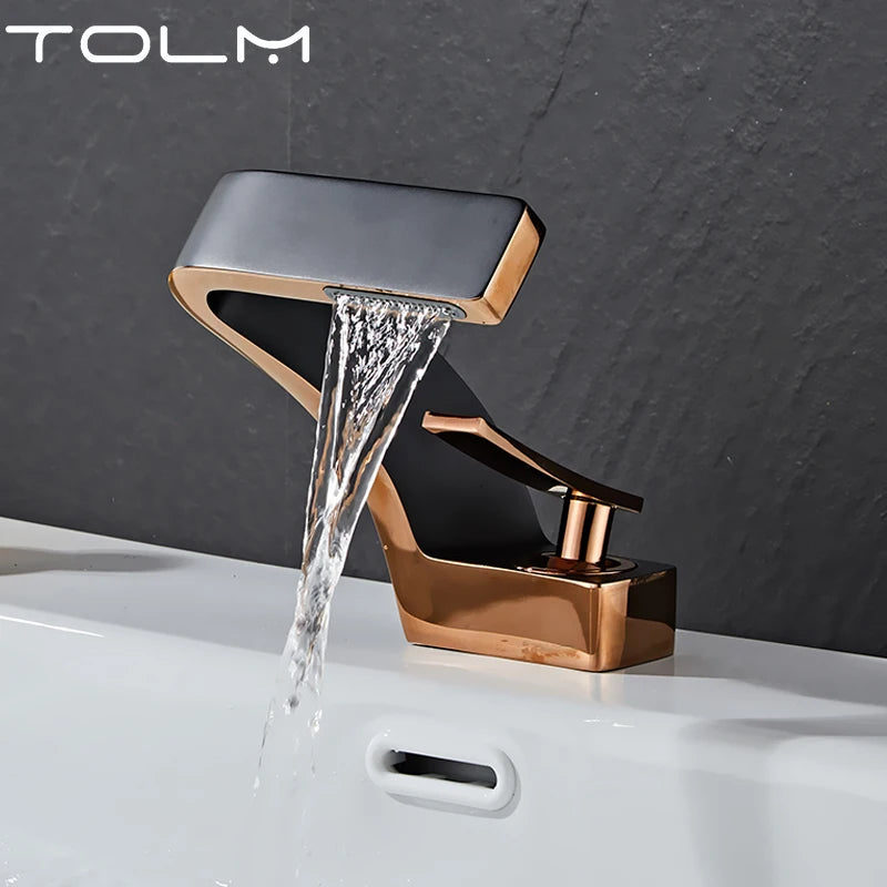 TOLM Brass Black Gold Basin Faucet Bathroom Sink Faucets Hot Cold Water Mixer Crane Deck Mounted Single Handle Hole Bath Kitchen